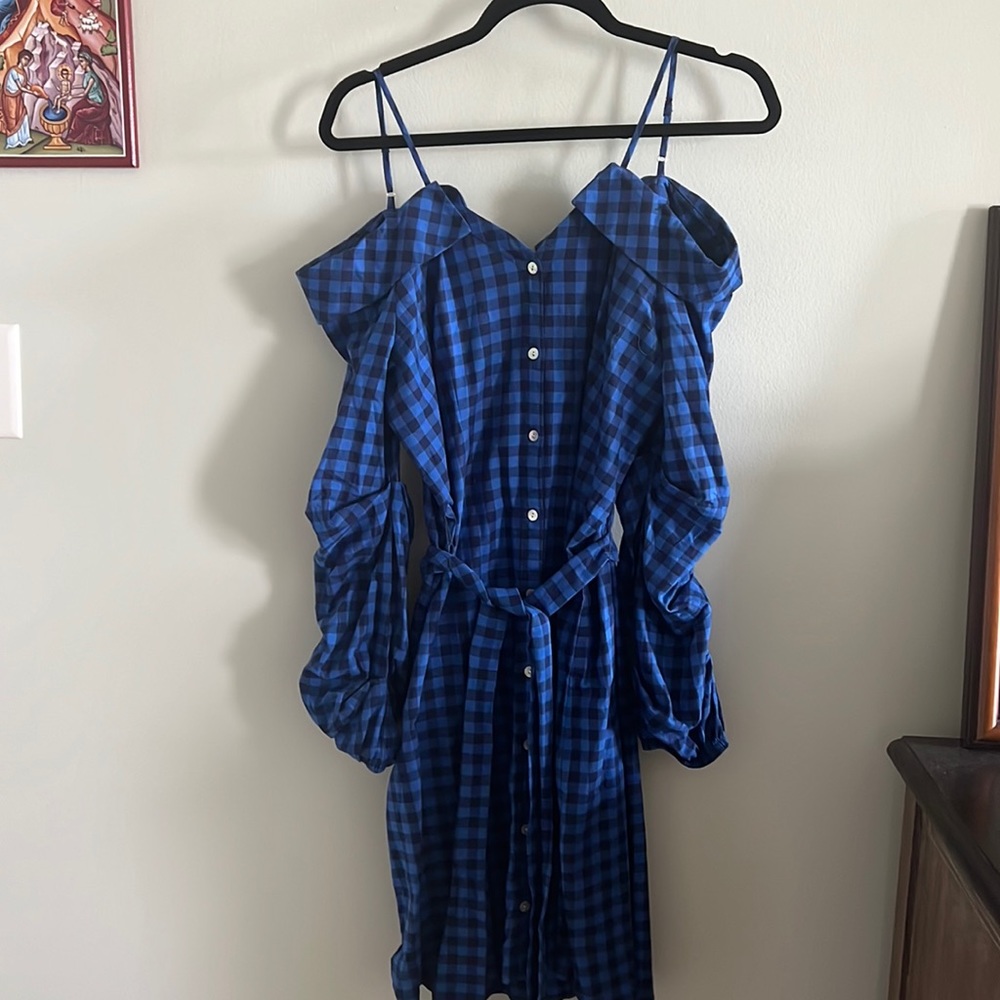 Anthropologie Off the shoulder buffalo check shirt dress - medium